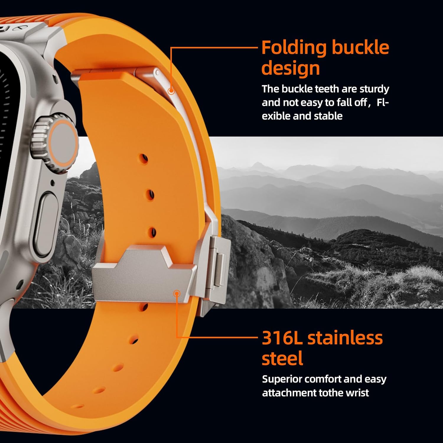 Sport Watch Band for Apple Watch Ultra, 49/45/44/42mm, Luxury Mens Watch Band with Butterfly Buckle and Rugged Silicone Rubber Strap, Orange - Image 5