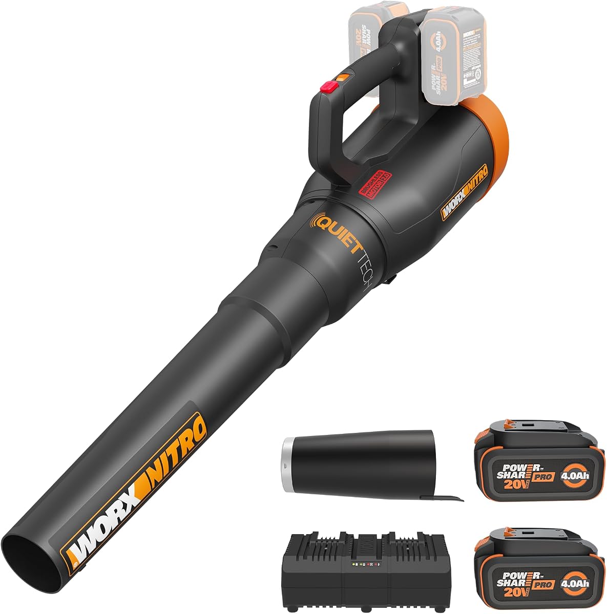 WORX Soplador de hojas inalámbrico, soplador eléctrico de 40 V para el cuidado del césped grande, WG581.1 | Potencia sin escobillas, flujo de aire de 530 CFM y 180 MPH, 57 dB, 2 baterías de 4,0 Ah y cargador de 2,0 A incluidos, PowerShare