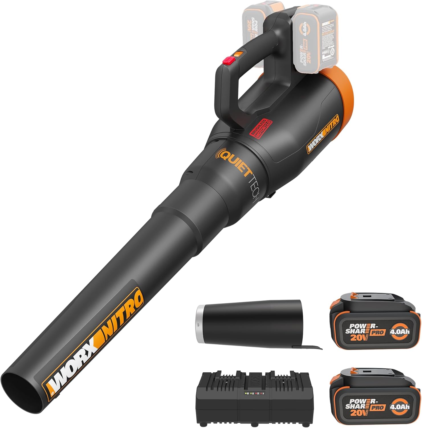 WORX Nitro WG581.1 40V Cordless Leaf Blower, Quiet Electric Blower for Lawn Care with 530CFM & 180MPH, 2 Batteries & Charger Included 530CFM 40V Blower w/(2)4.0 Ah Batteries
