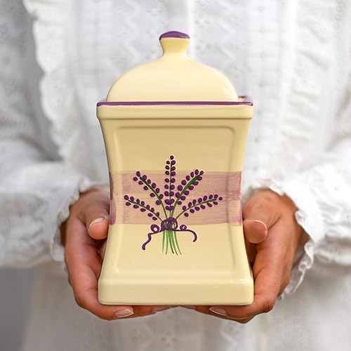 City to Cottage Tarro de almacenamiento de cocina hecho a mano con tapa de 31.5 onzas, floral, morado y crema, grande, de cerámica, regalo de