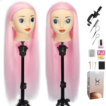 Mannequin Head with Hair 24" Cosmetology Manikin Doll Head for Styling Hairdresser Practice Braiding Training Head Practice Cosmetology with Free Clamp Holder Cute Face Big Eyes Light Pink