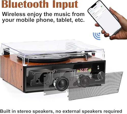 Miniatura 2 de Reproductor de discos de vinilo con altavoces, soporte para tocadiscos Bluetooth, radio FM, conversión y reproducción USB, control remoto,