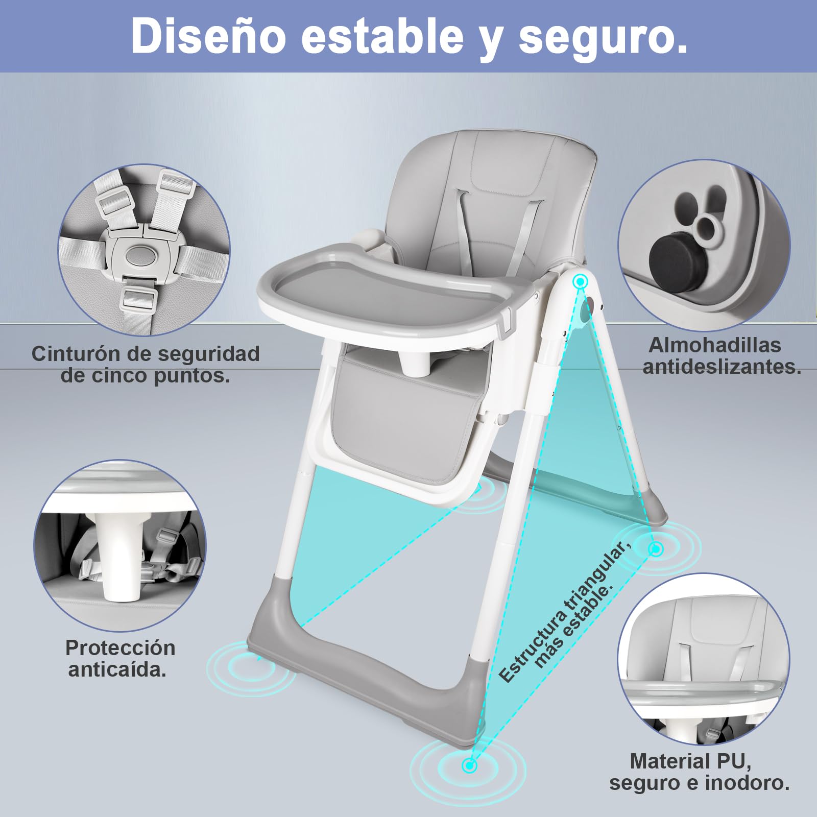 Trona Bebé Evolutiva, Trona para Bebe Ajustable y Reclinable, Plegable con Tabla de Comedor, De 6 a 36 meses, Gris