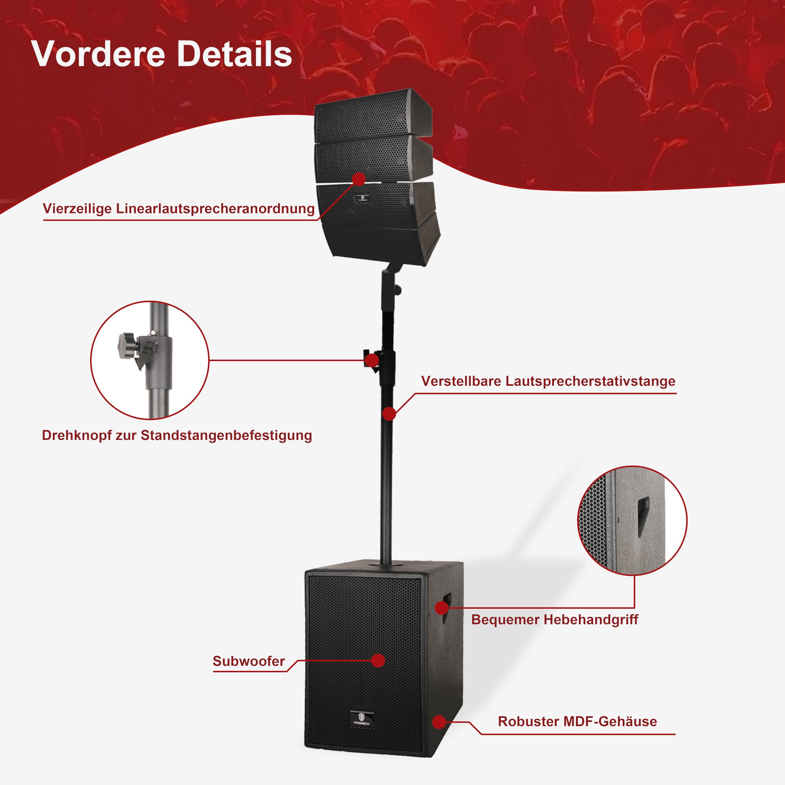 PRORECK 12-Zoll-4000W-DJ-PA-Lautsprechersystem-Kombo-Set mit Bluetooth-, USB-Laufwerk-, SD-Karten-Lesefunktion – Zwei Subwoofer und 8 Line-Array-Lautsprecher Set für Kirche, DJ, Live-Auftritte