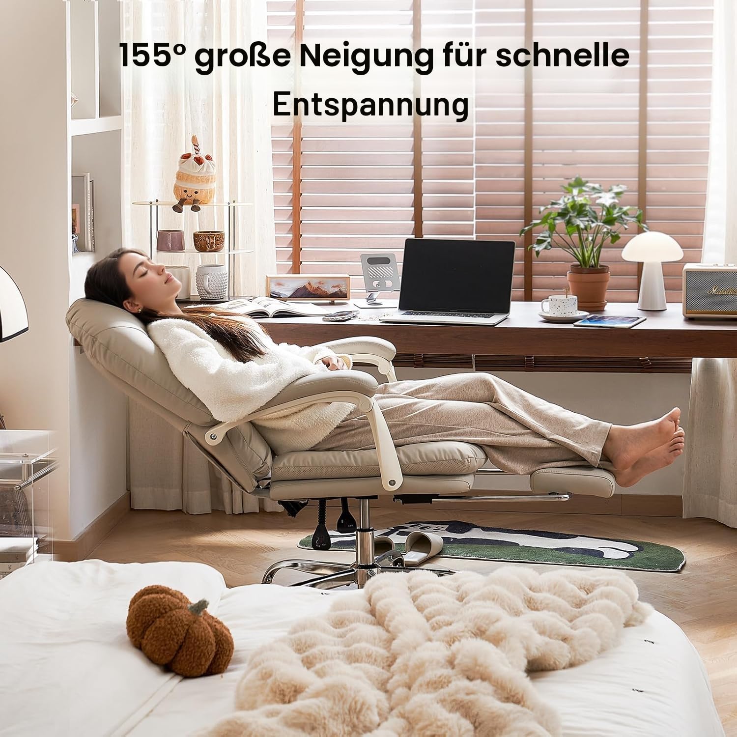 EMIAH Ergonomischer Bürostuhl mit Fußstütze, Verstellbarer Schreibtischstuhl PU Leder, Bequeme Moderne Kosmetikstühle mit Rollen, Mid-Back Cute Computer Stuhl für Zuhause Belastbar bis 150kg, Beige