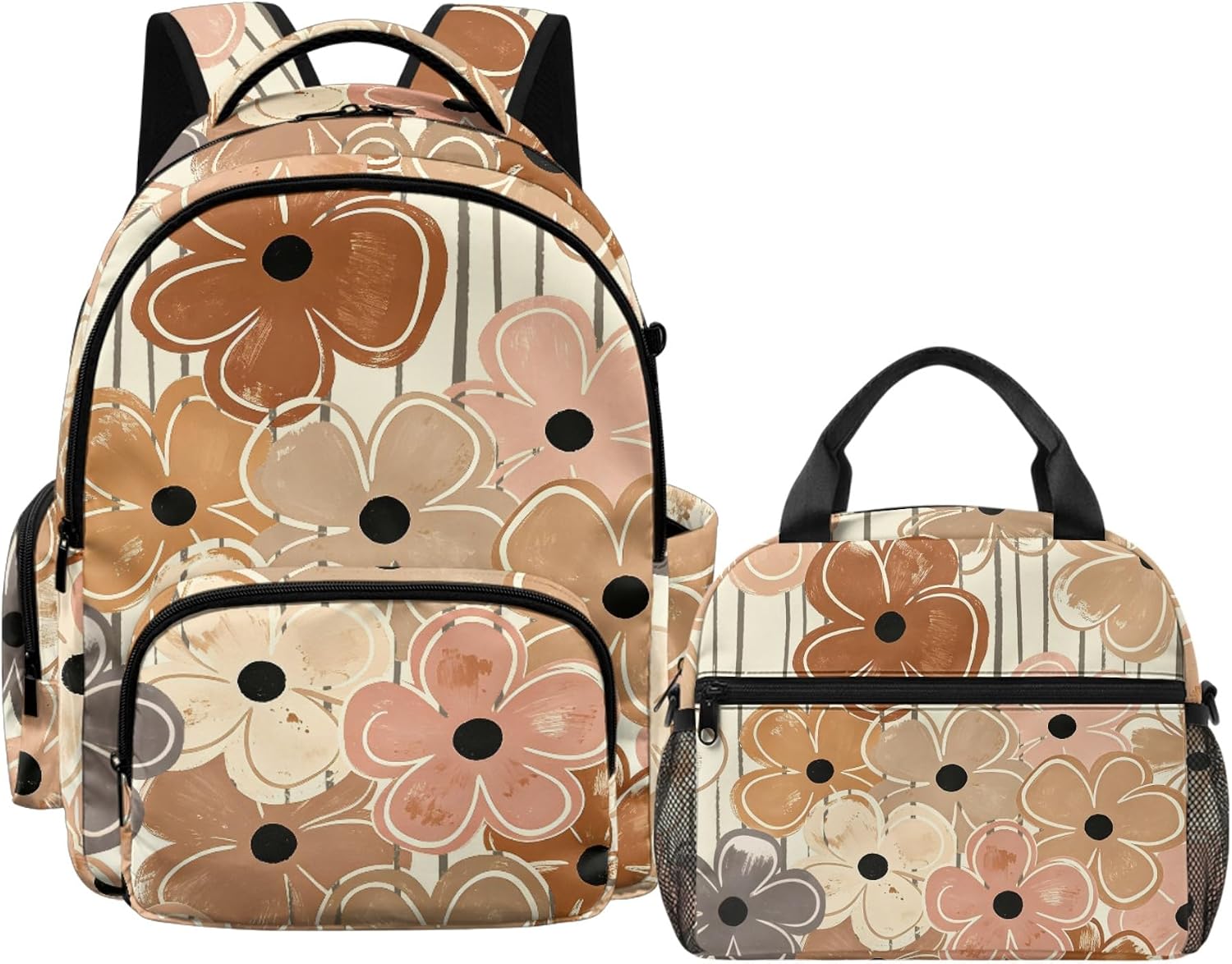 Amzbeauty Kids Backpack With Lunch Box For Boys Girls Cherry Print Sturdy School Bag Insulated Lunch Bag Sets Black 17 Inch Large Capacity Book Bags For Camping Travel