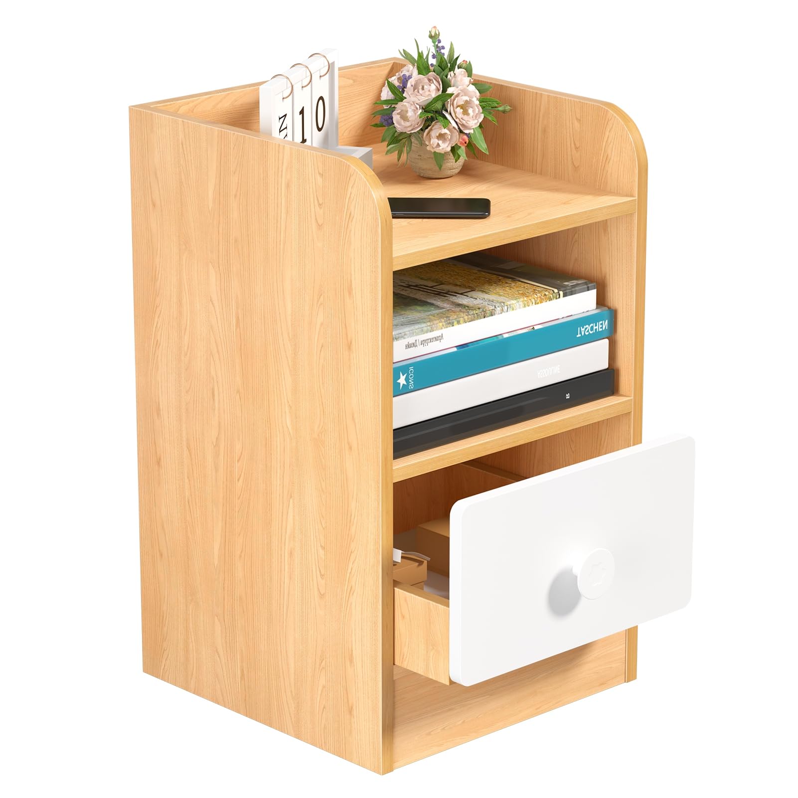 pofluany Bedside Table with Drawer and Shelf, Drawer Organizer Storage Cabinet Bedside Table, Bedroom Nightstand, Rustic End Table With Drawer, Couch Table Wooden Bedside Table for Living Room Woo
