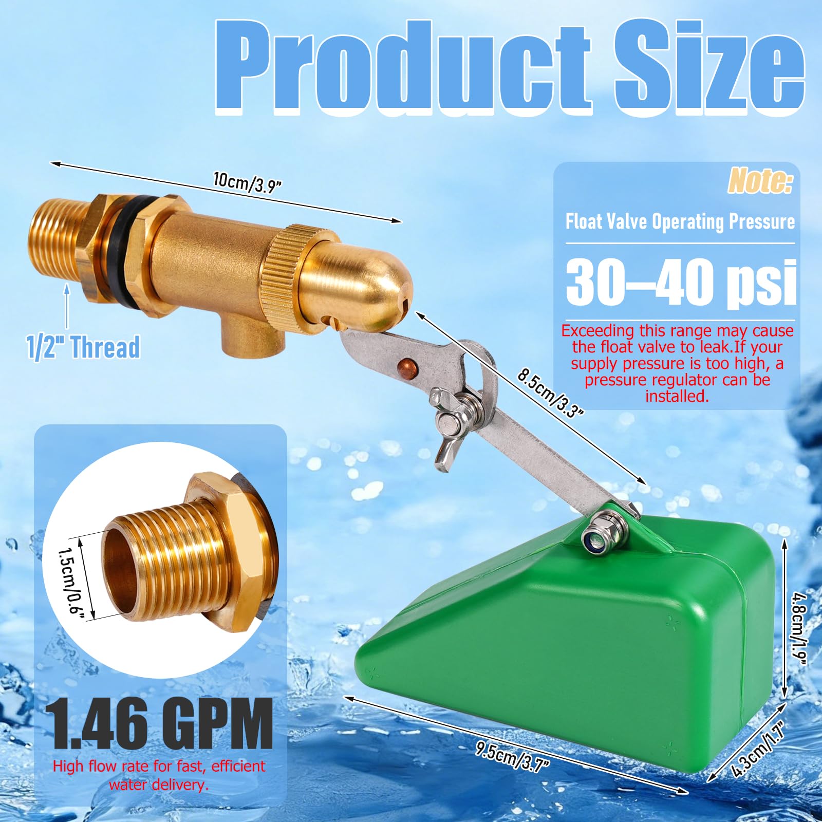 Válvula de flotador de latón de 1/2 pulgada con brazo ajustable, válvula de driver de nivel de agua de 40 PSI, válvula de bola de flotador de llenado automático de 1.46 GPM para tanque de