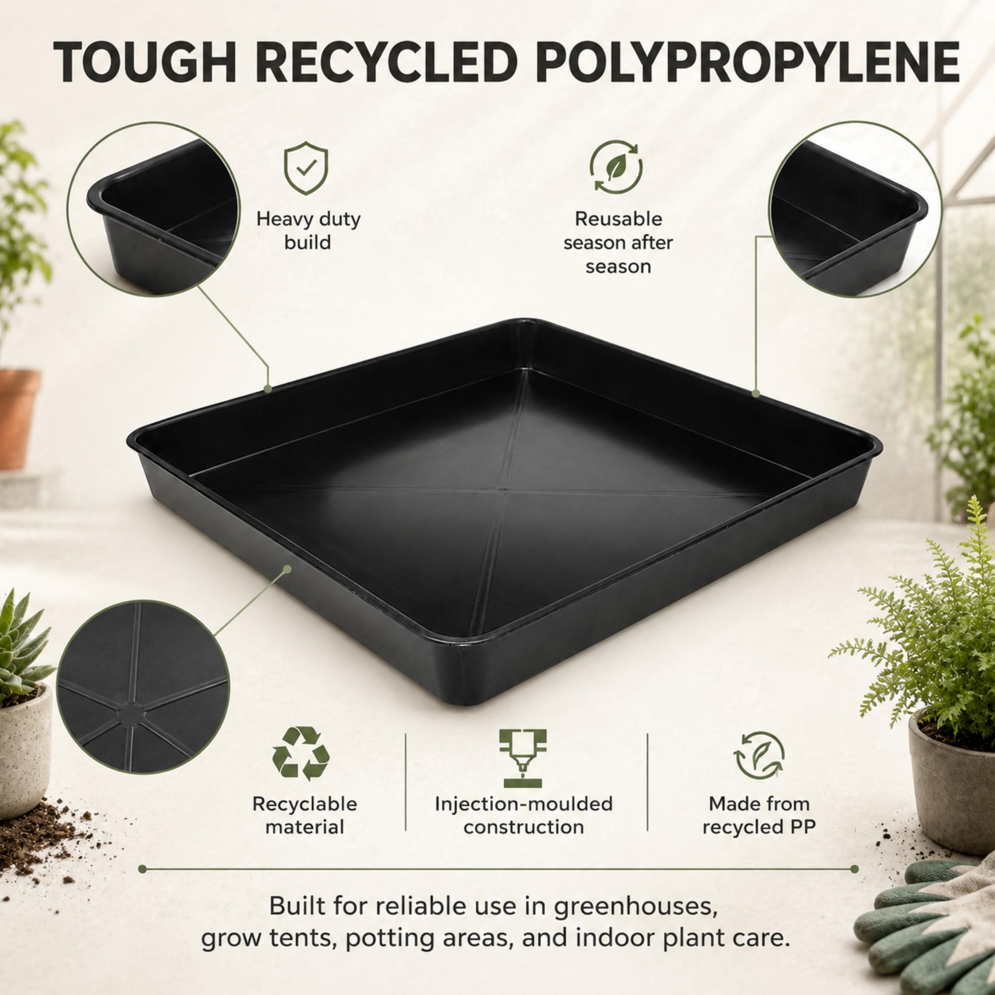 W-Direct Quadratisches Gartentablett, 60 cm, strapazierfähig, Schwarz, 25 l tiefes Pflanztablett für Gewächshaus, Saatgut, Eintopfen und Wasserspeicher, wiederverwendbares schwarzes Tablett