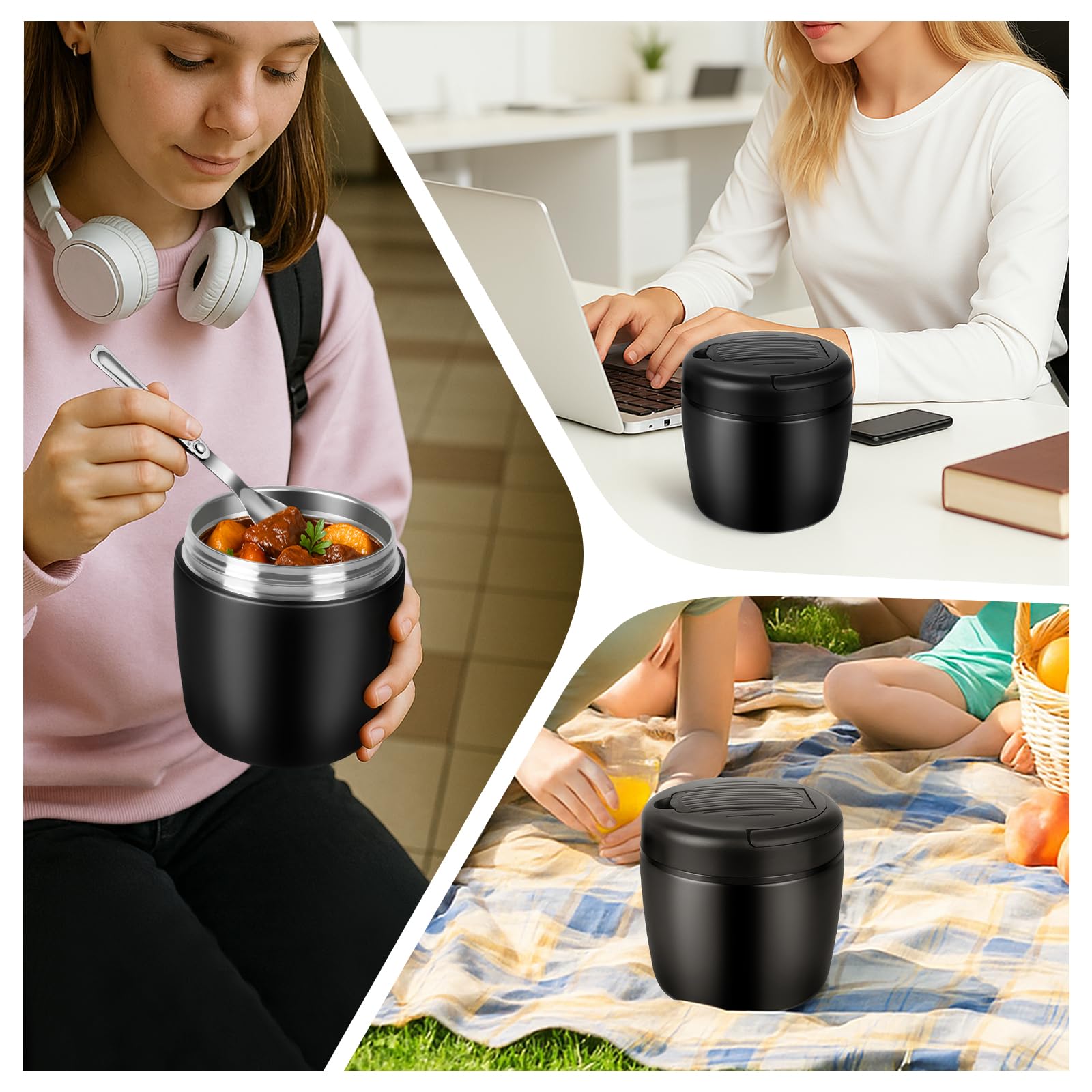 Termos per Alimenti 1200 ml, Contenitore Termico per Alimenti Caldi, Portapranzo Termico Acciaio Inossidabile con Sacchetto Isolante e Cucchiaio, Portavivande per Zuppa, Pasta (Nero)