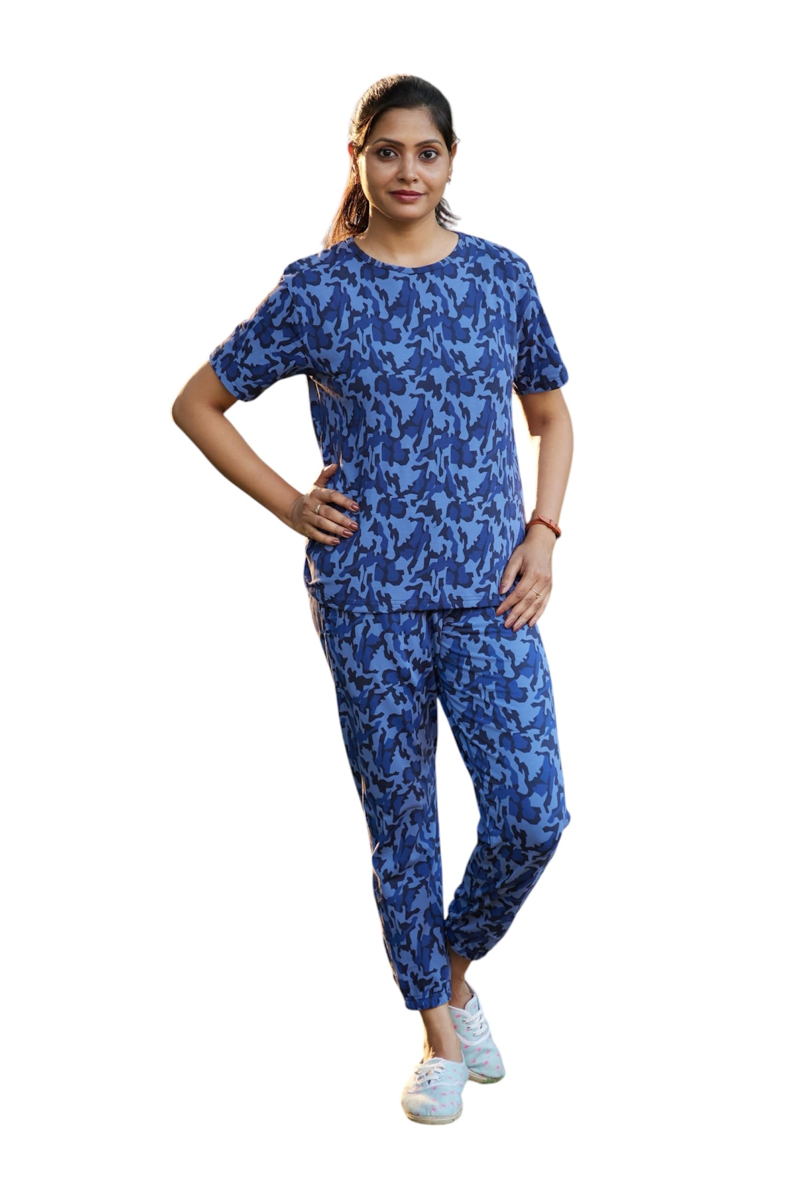 Women's Night Suit Set for Women, Loungewear, Printed Top and Pyjama Set Nightwear/Loungewear/Night Dress Printed (Colors - Blue, Elephant Grey, Black Dew Flora)-image-0
