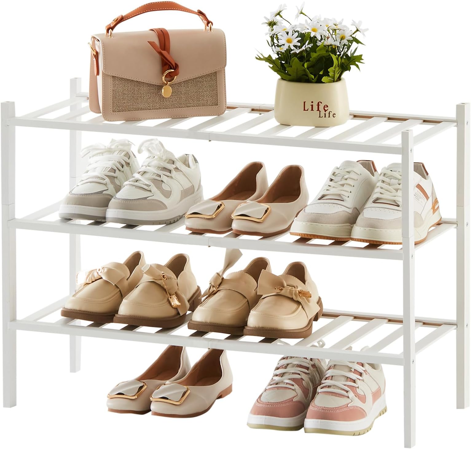 quiseoluWhite Shoe Rack for Closet, 3 Tier Stackable Bamboo Shoe Shelf, Small Shoe Rack for Entryway, White Free Standing Shoe Stand Shoe Organizer, D11 x W27.2 x H19.65