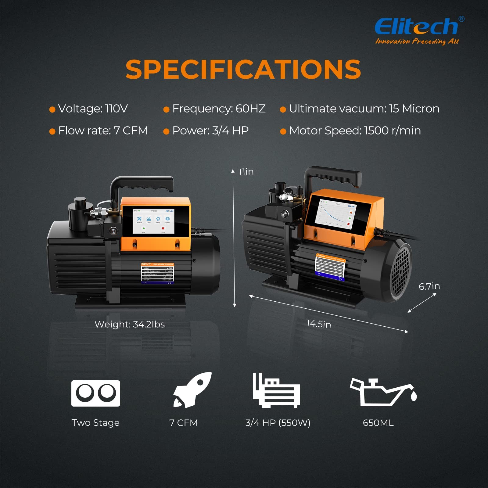Elitech 5L/S Pompa Vuoto per Condizionatori con Manometro V1200 12 CFM, Pompa per Vuoto HVAC Intelligente con Monitoraggio Dati, Controllo App e Rilevamento Perdite (senza Olio)