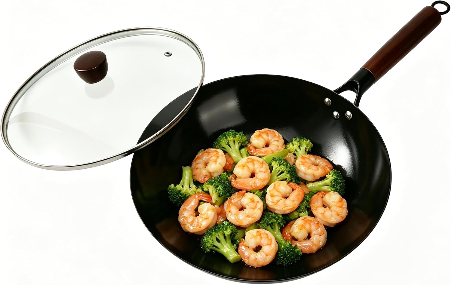 Wok, 13 Inch Carbon Steel Wok Pan With Lid, Nonstick Woks & Stir-Fry Pans, Chinese Wok, Pre-Seasoned Flat Bottom Wok For Induction Cooktop, Electric Stove, Gas, BBQ & Camping