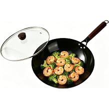12 Carbon Steel Wok Pan With Lid, Woks & Stir-Fry Pans Nonstick, Pre-Seasoned Flat Bottom Wok For Induction Cooktop, Gas, Electric Stove, Halogen, BBQ & Camping, Open Fire