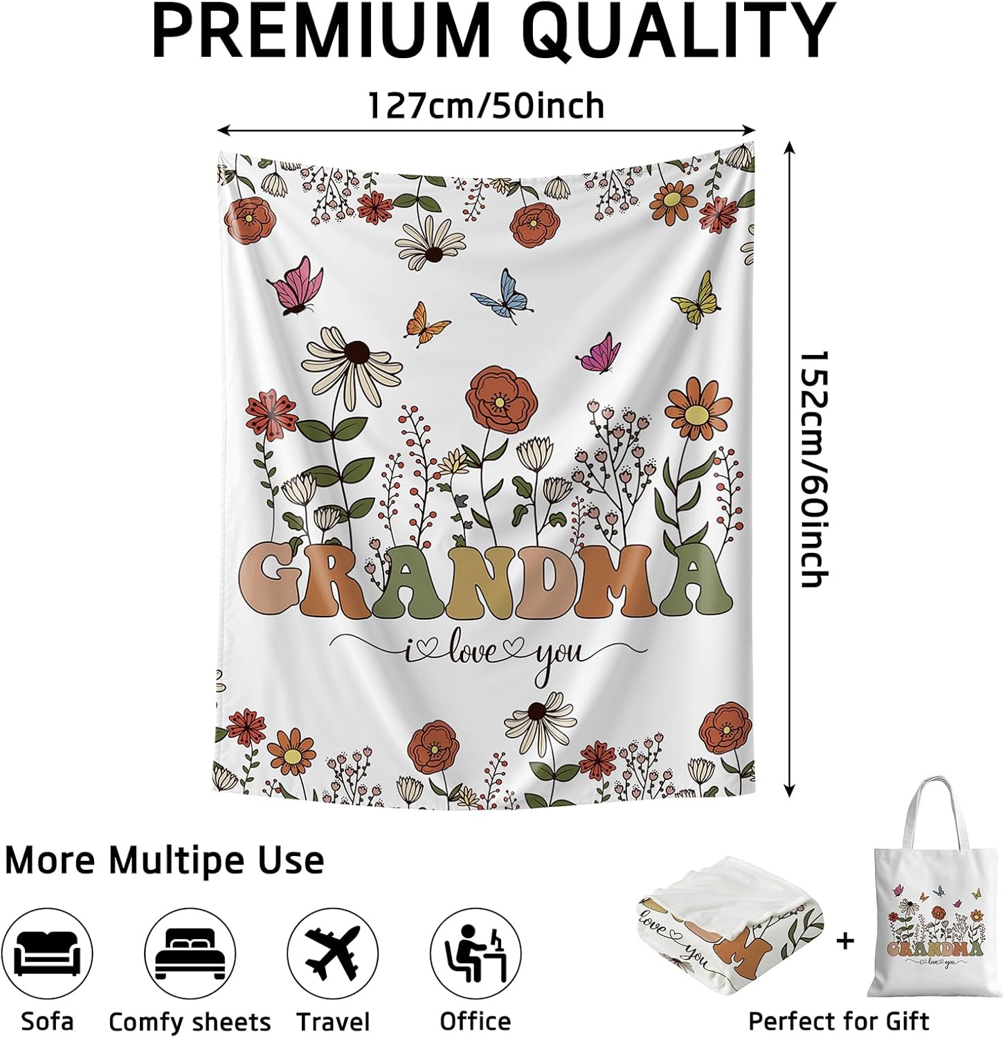 Aperturee Grandma Birthday Gifts Blanket and Tote Bag Set, 50x60 Inches Floral Happy Birthday Granny Throw, Soft Cozy Butterflies I Love You Blanket for Women, for Grandma - Image 4