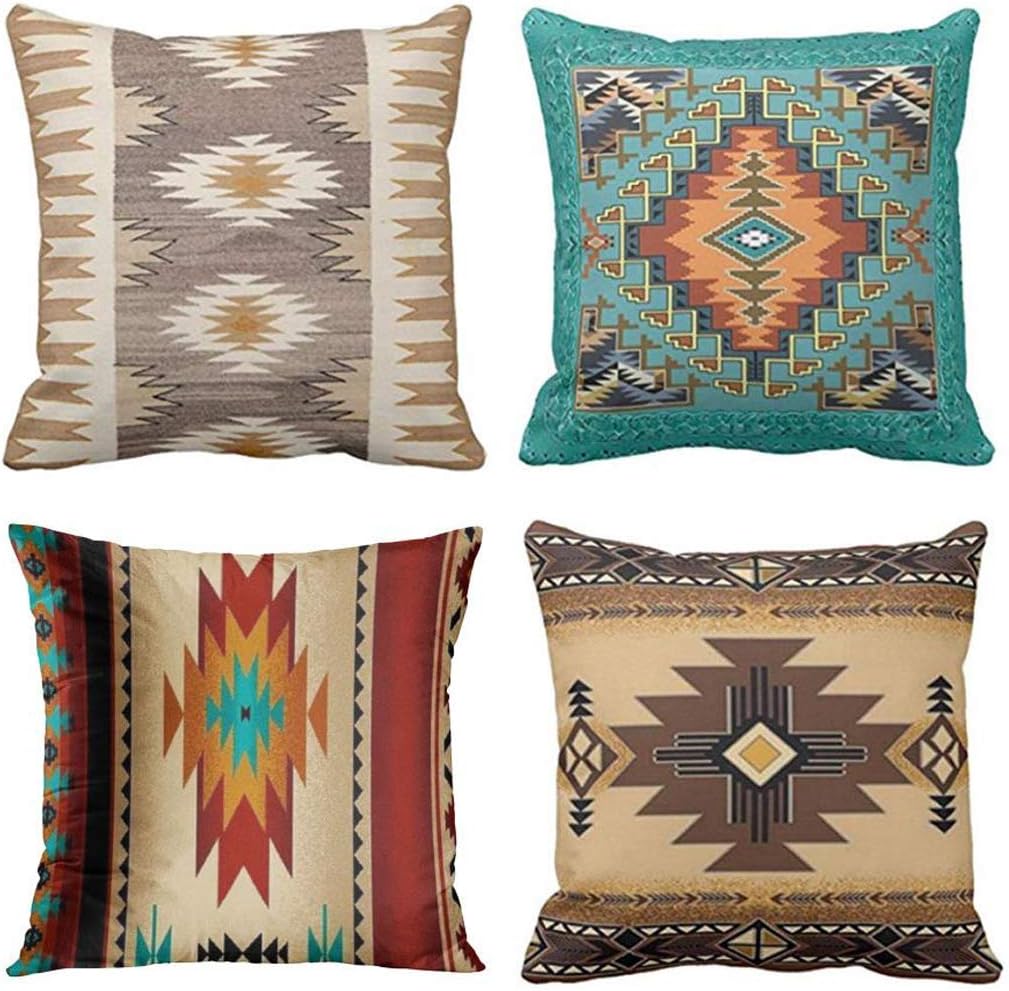 Jbralid Tribal Western Geometric Colorful Nature Color Patterns Orange Cotton Linen Indoor Decor Throw Pillow Cover Case Set of 4, 26x26 in