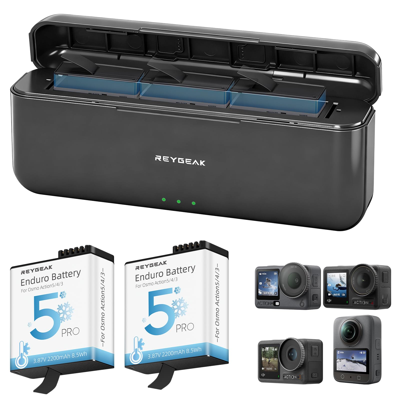 REYGEAK Batterie et Chargeur pour DJI Osmo Action 6/5/4/3-2 Batteries de Rechange 2200mAh avec Chargeur Triple, Accessoire d‘Extension d’Autonomie pour OSMO Action Accessoires