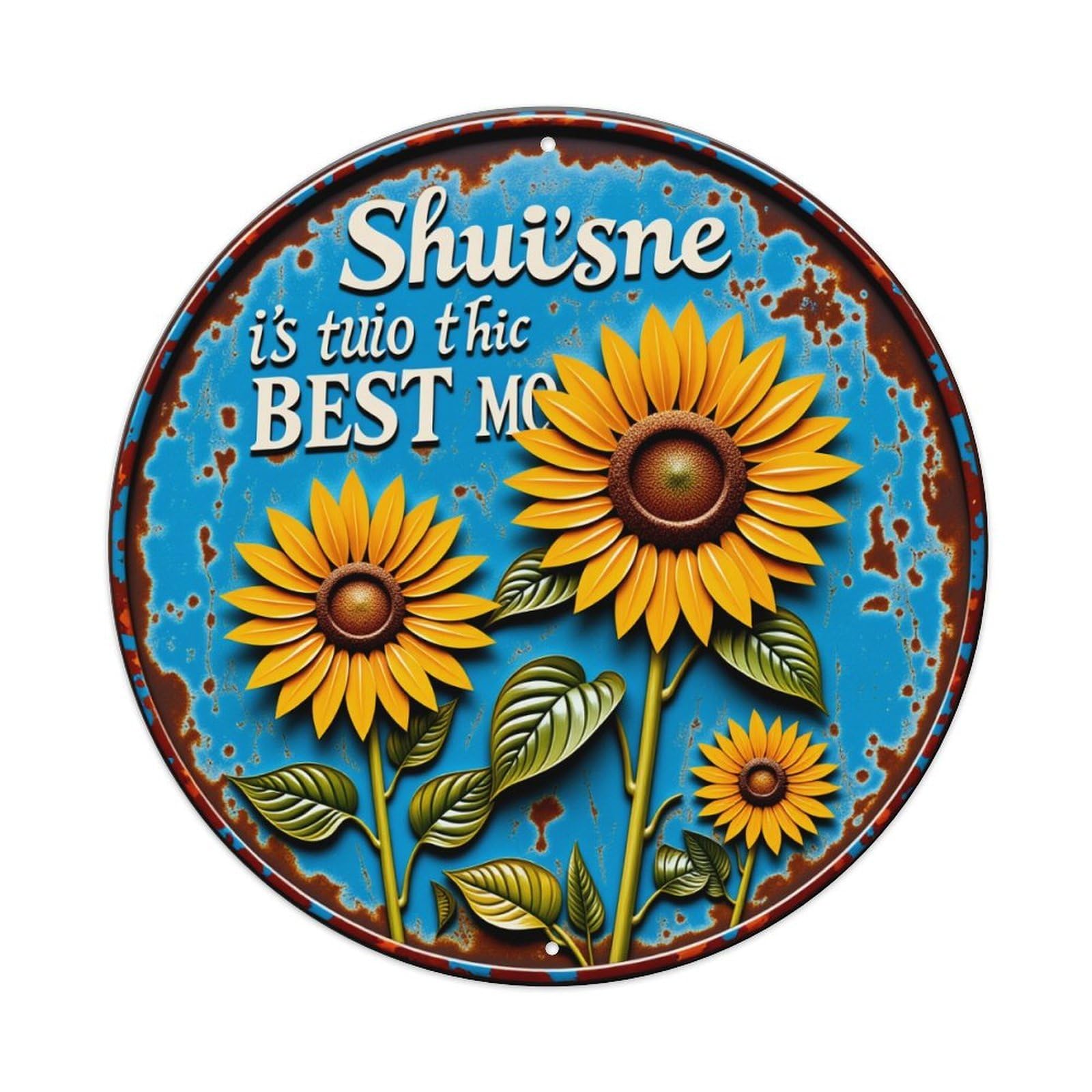 Sunflower Pattern Rustic Blue Background Vintage Metal Tin Sign Retro Wall Decor for Home Bar Garage Cafe, Indoor & Outdoor Decorative，circle Metal Poster, 8x8 Inch