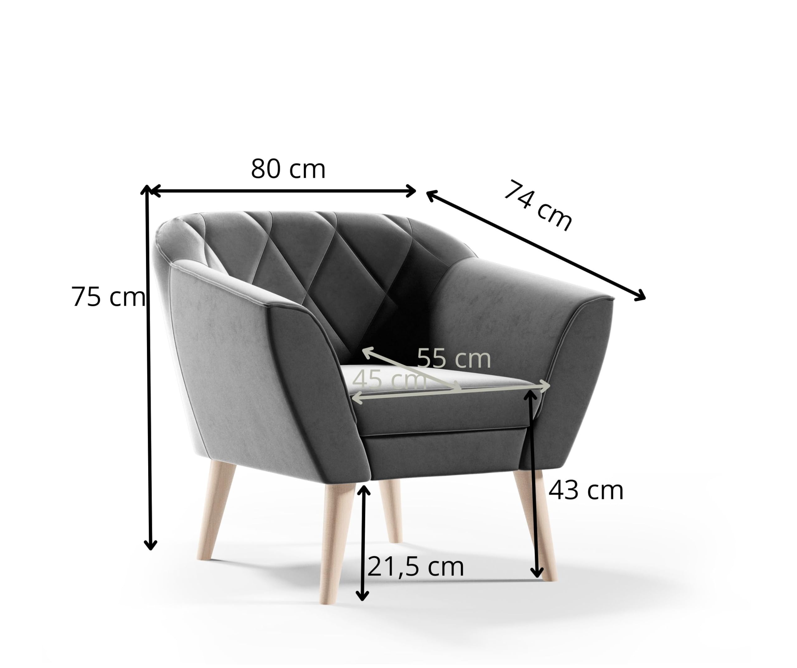 Couchgarnitur Gloria Wohnzimmerset 3+2+1 Sitzer Samt Hohe Holzfüße Buche (Riviera 91 grau)