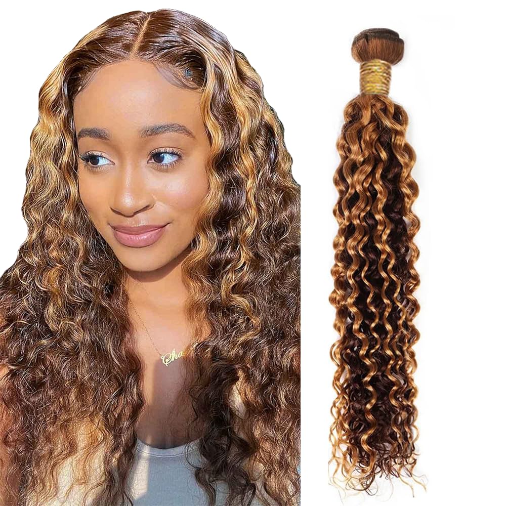 Zeslaerr Human Hair Bundles P4/27 Highlight Blonde Color Water Wave 28 Inch Double Weft Weave Remy Sew in Real Unprocessed Human Hair Extension 1 Bundle 100g
