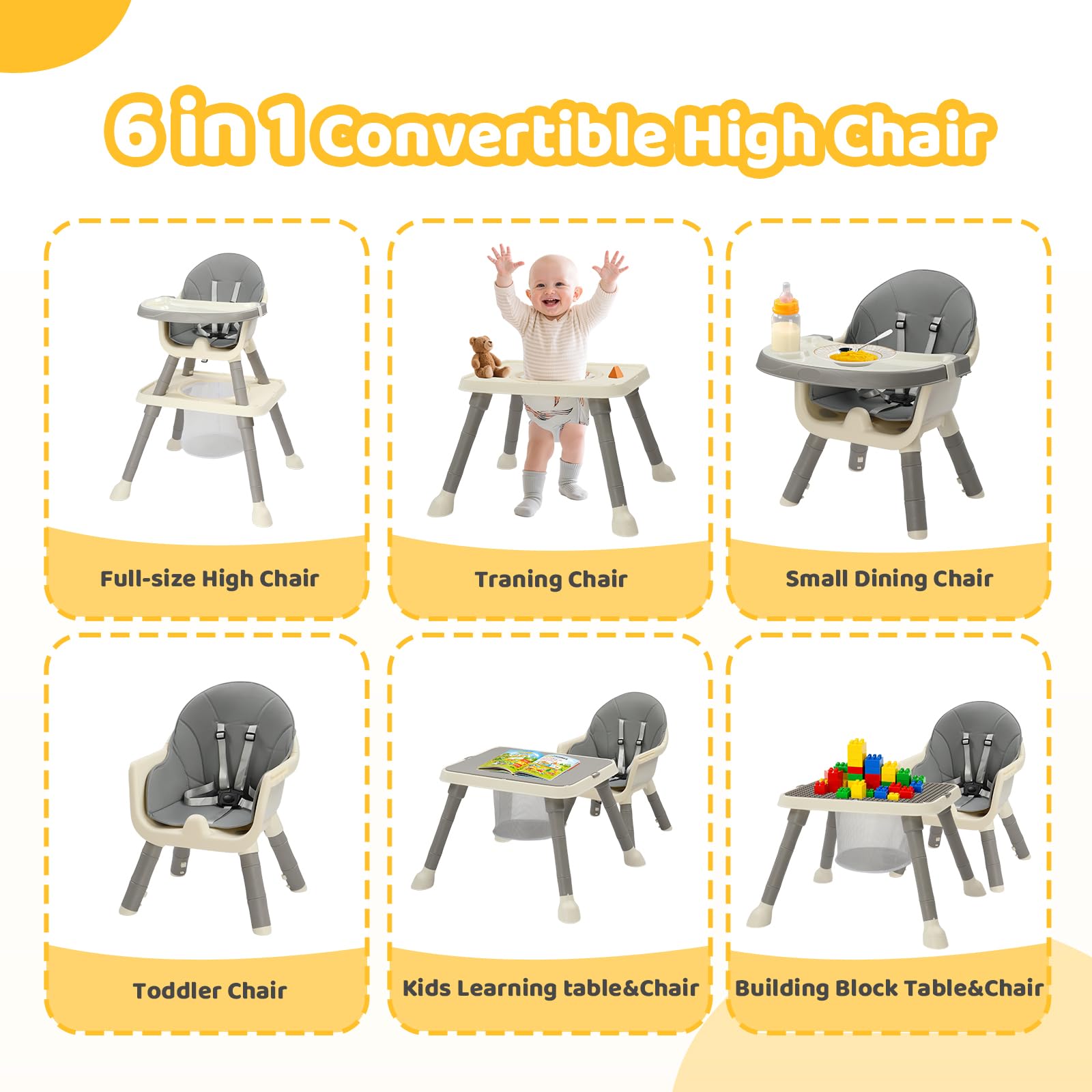 Bonnlo Baby Hochstuhl mit Liegefunktion, Hochstuhl Baby ab 6 Monate für Essen und Badewanne, Premium Babystuhl mit Goldrahmen, Inkl. Doppeltablett und Fußstütze, Bis 15 kg (Grau)