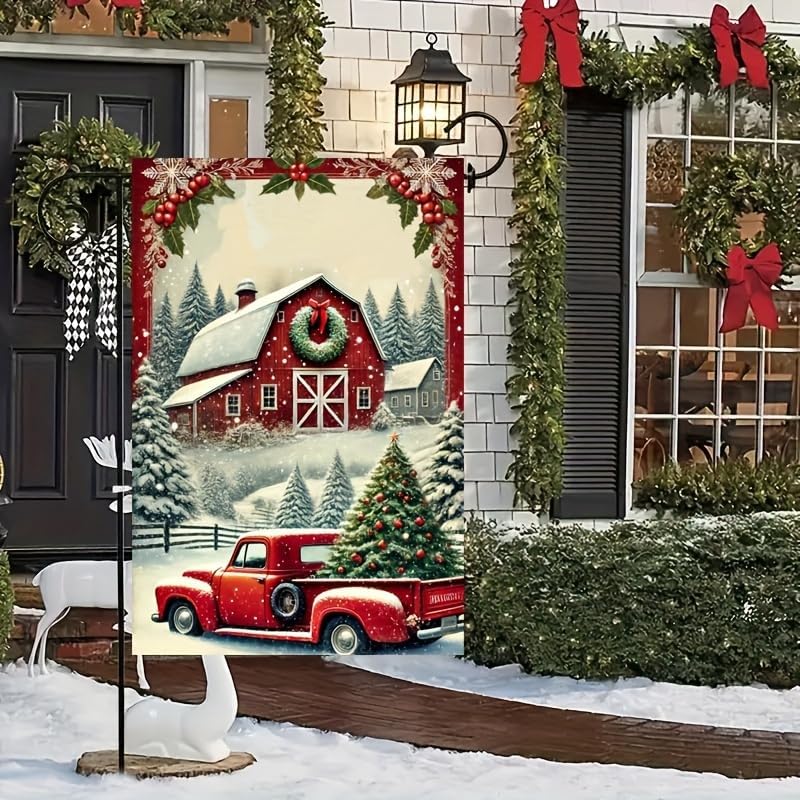 Vintage Red Truck Christmas Flag - 12x18 Inch Garden Decoration With Christmas Tree and Red Barn Scene