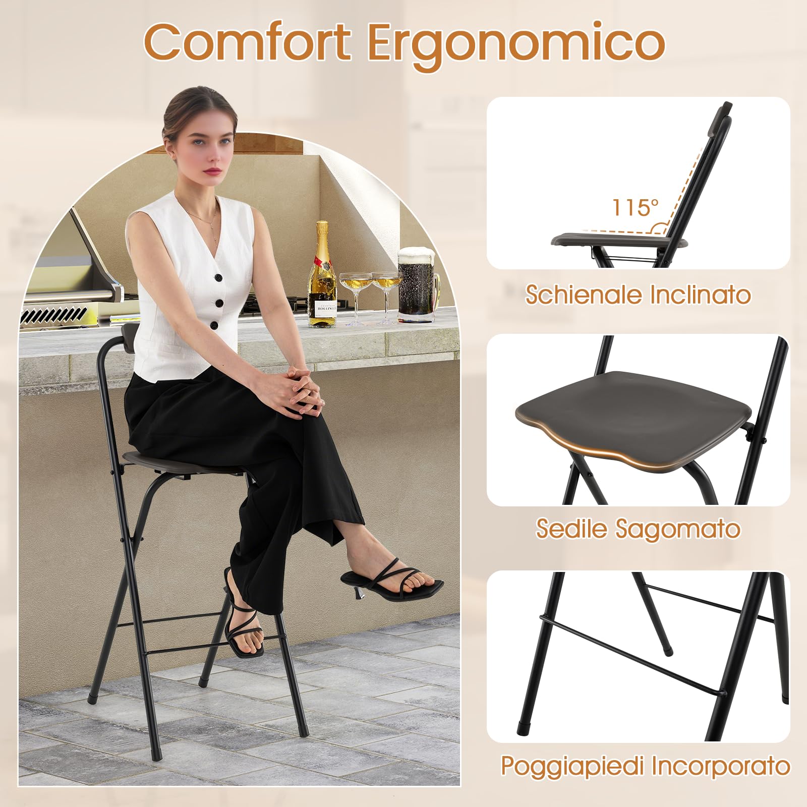 COSTWAY Set di 2 Sgabelli da Bar Pieghevoli, Sedia Alta con Schienale e Poggiapiedi, Struttura in Metallo, per Interno ed Esterno, Portata 150 kg (Grigio)