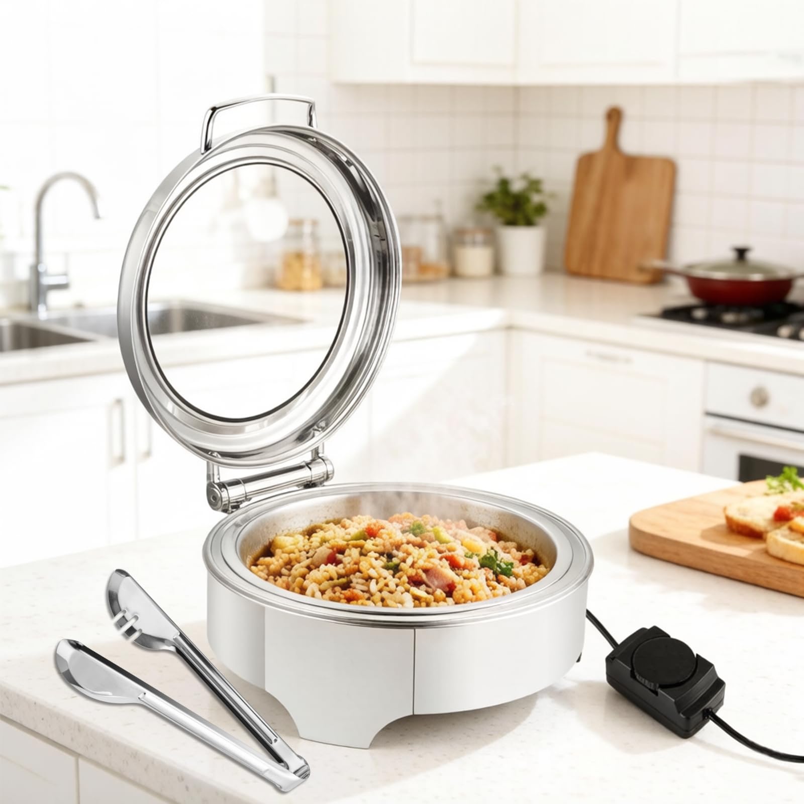YUCHENGTECH Chauffe Plat Buffet Rond Électrique 6L Chauffe Plat Buffet INOX Chafing Dish Électrique Professionnel avec Température Réglable et Couvercle en Verre