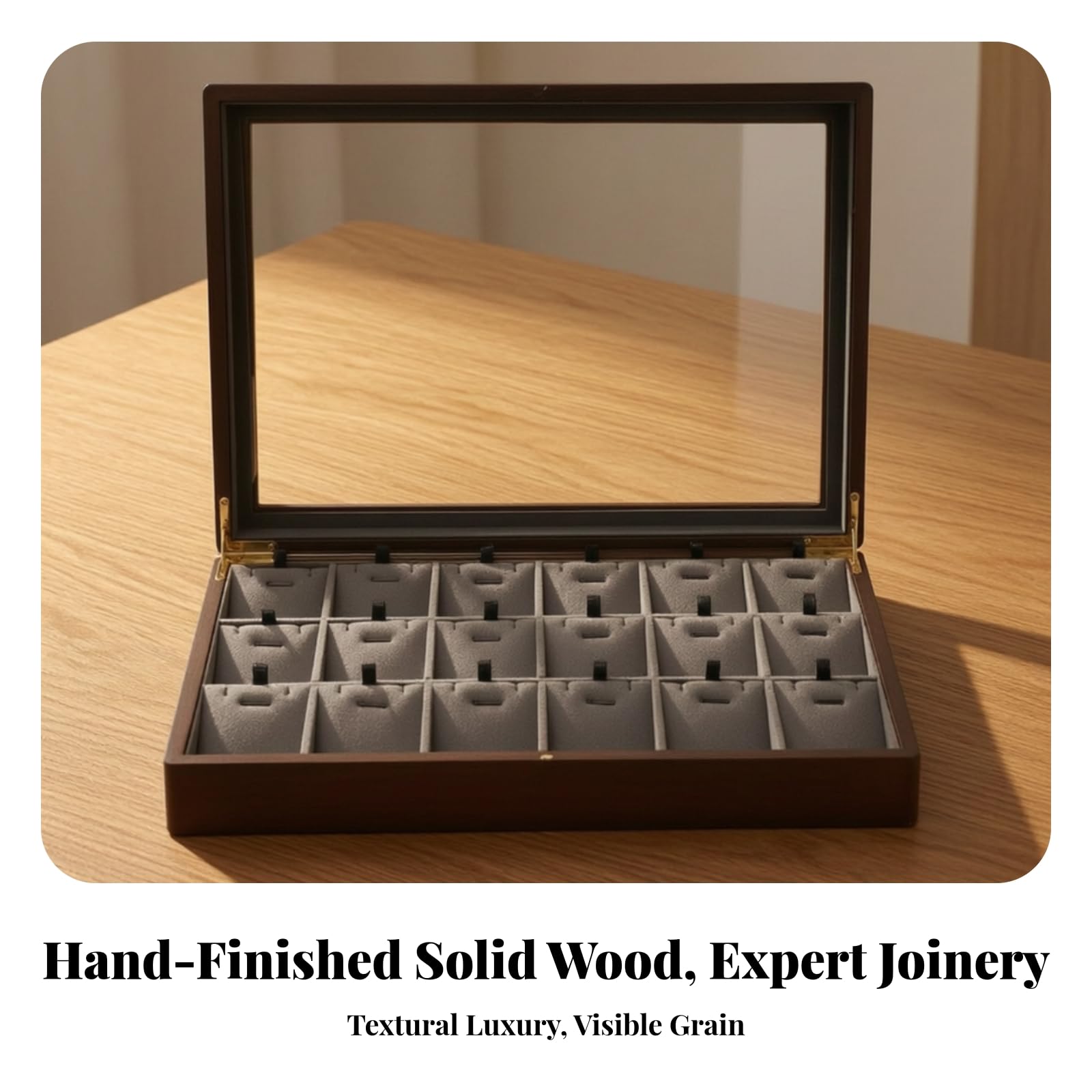 TISHITA Plateau de Présentation Bijoux Boîte Organisateur Vitrine Coffret avec Couvercle en Verre Bois Massif Microfibre 12 Compartiments Aspect Élégant, Gris Foncé, style to 1