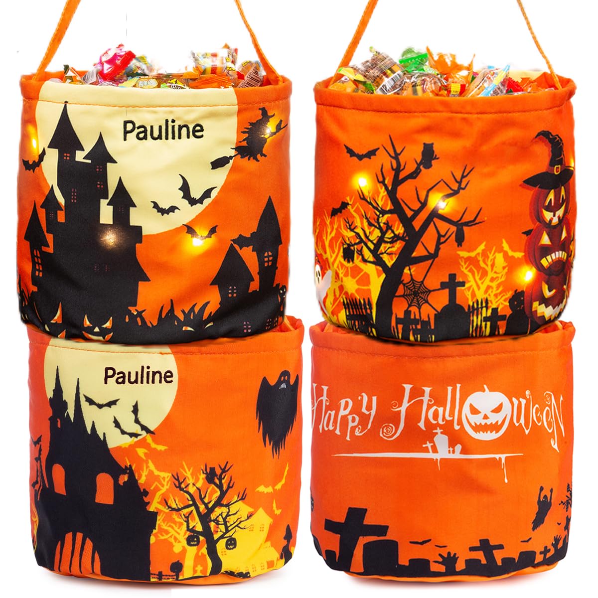 Bosajewel Personalized Light Up Halloween Bucket Party Candy Bag Trick or Treat Bucket for Kids Adults Custom Embroidery Name Treat Bags for Halloween Game Party Favor Supplies Castle