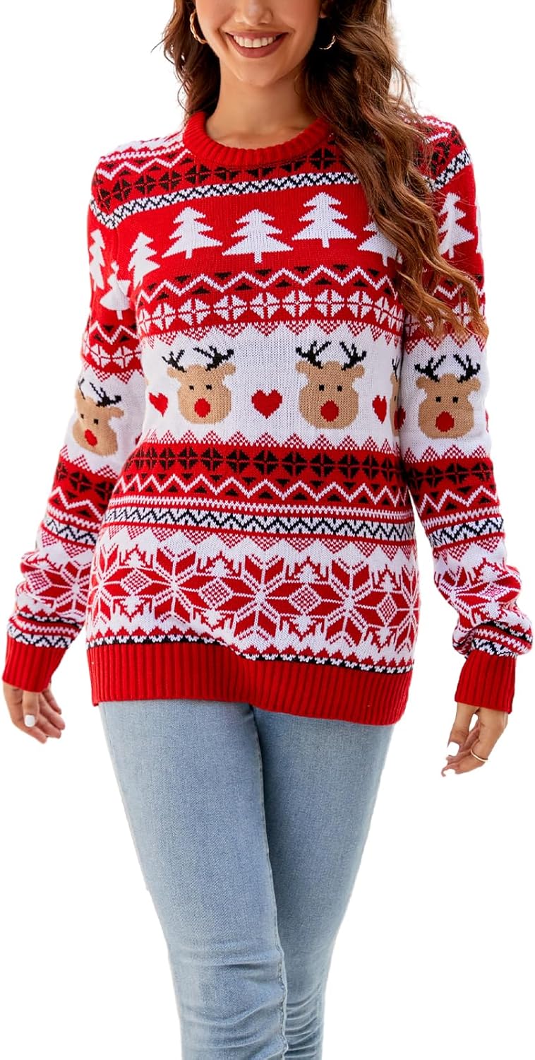 Enjyam Pull de Noël pour femme, col rond, manches longues