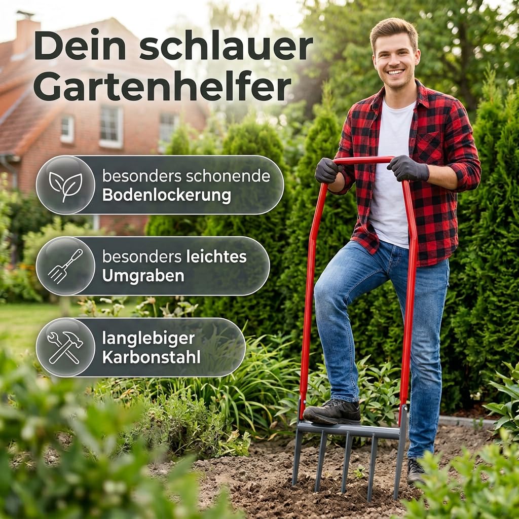 Broadfork Grabegabel 50 cm, die extra stabile Doppelgrabegabel mit 6 mm verstärkten Zinken, inkl. Ebook, rückenschonender Bodenlockerer & Aerifizierer für Harte Böden