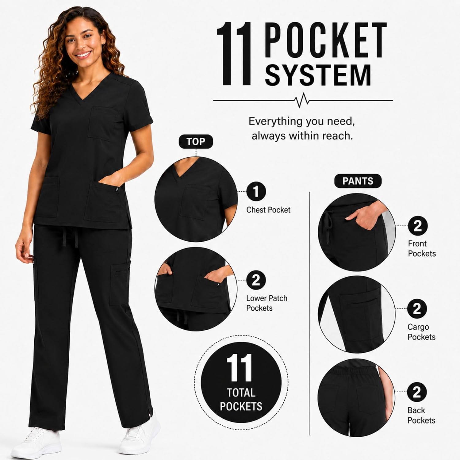 M&M SCRUBS Women’s 11 Pocket Cool Stretch Cargo Scrub Set, V-Neck Top & Drawstring Straight Leg Pants