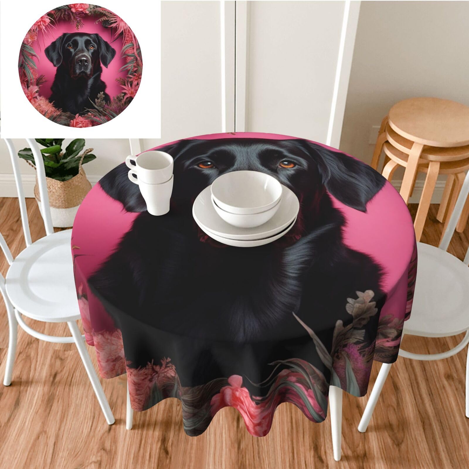 Nappe ronde noire 152 cm avec motif chien et fleur lavable