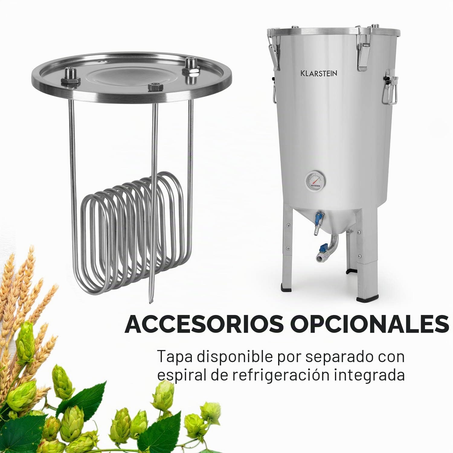 Klarstein Gaerkeller Pro - Tanque de maceración y caldera de fermentación, 30 litros, Acero inoxidable 304, Termómetro hasta 40 °C, Tapa con 4 ganchos, Espiral de refrigeración, Plateado