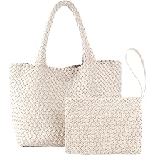 SporGenius Woven Tote Bag for Women Vegan Leather Handwoven Bags with Small Purse Beige