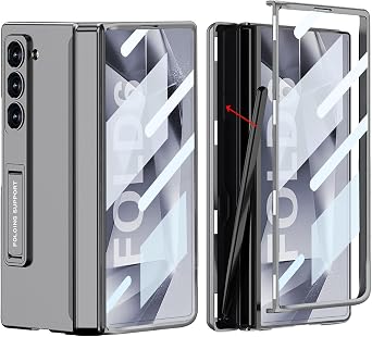 DOOTOO for Samsung Galaxy Z Fold 6 Case with S Pen Holder, Z Fold6 Magnetic Hinge Coverage Protective Built-in Screen Protector & Kickstand All-Inclusive Case Gray