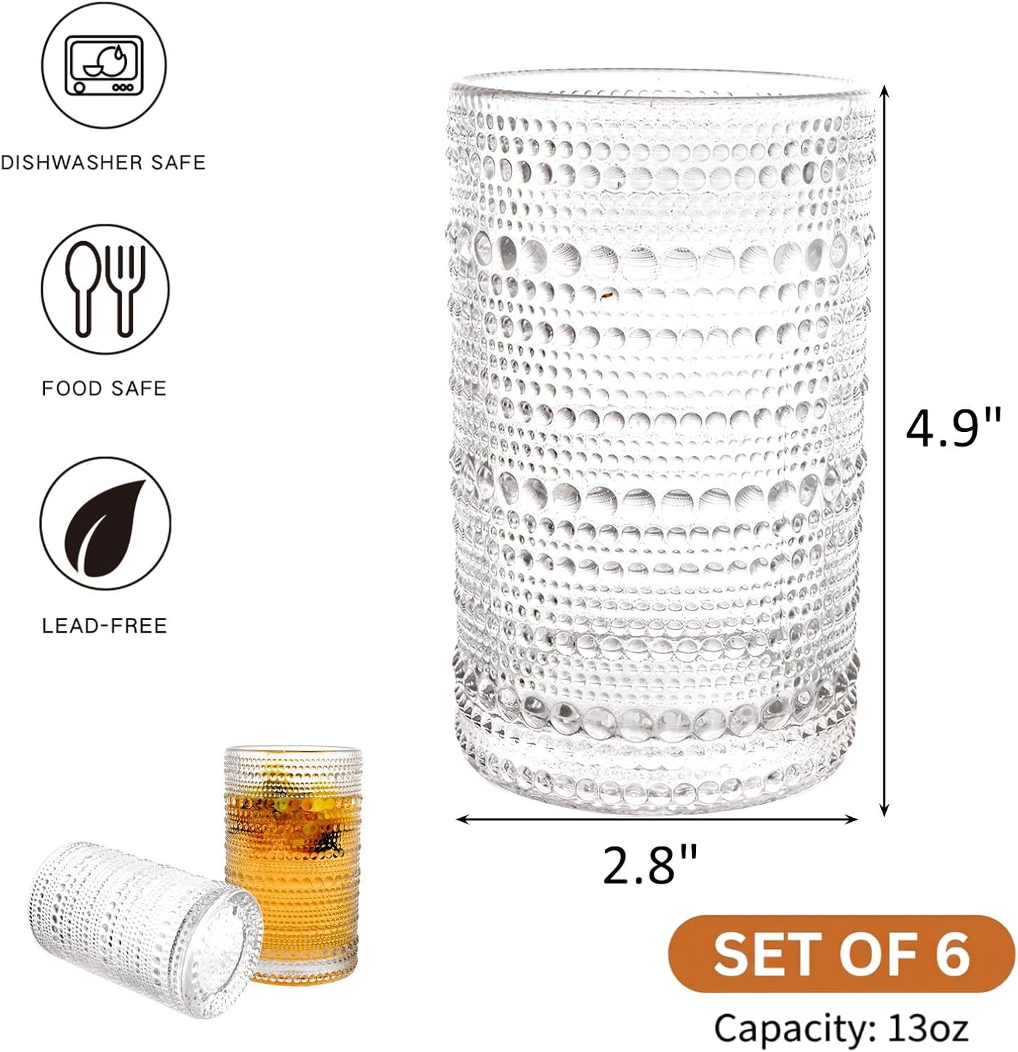 ZOOFOX Set of 8 Vintage Drinking Glasses, 13 oz Clear Hobnail Glasses Tumbler, Embossed Design Glassware for Beverages, Water, Juice, Beer, Cocktail, Whiskey and Milk