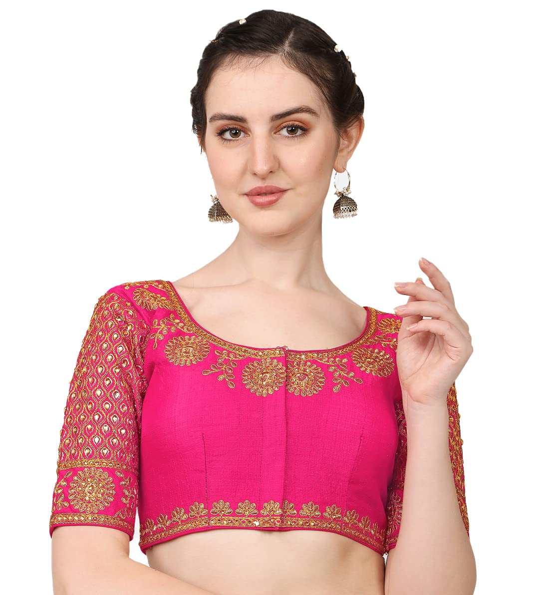Pujia Mills Women's Phantom Silk Morpankh Half Sleeve Saree Blouse (Morpankh_Pink_38 Size+Margin)