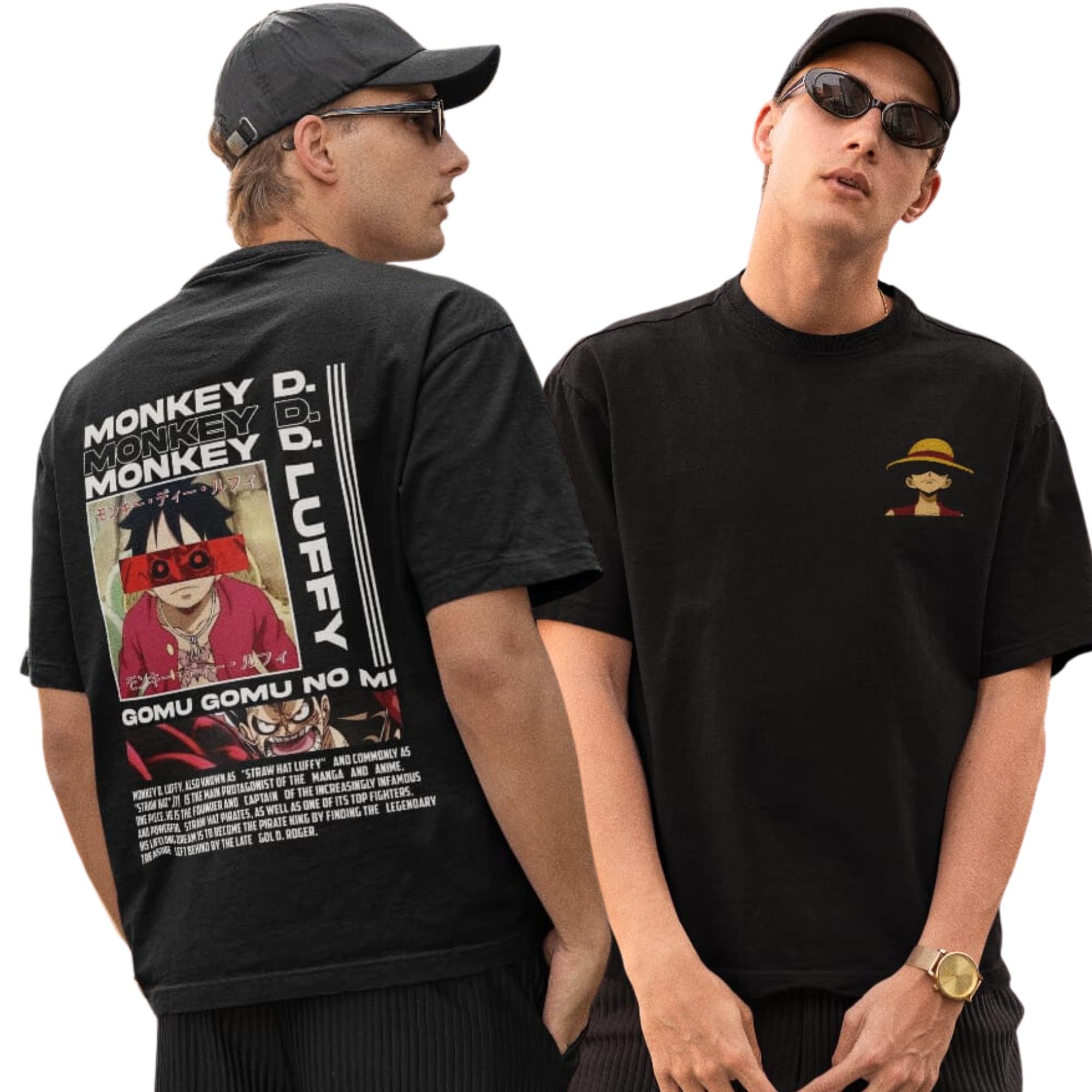 Broke MemersOversized Cotton Anime Graphic Print Monkey D. Luffy Black Drop Shoulder T-Shirt for Men and Women (Black)