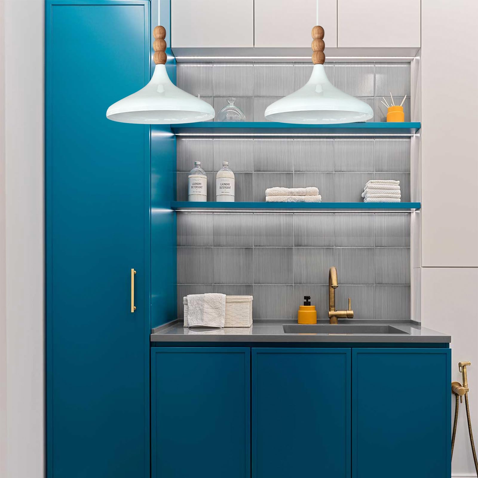 bamyum Champion Legna Lampadario Cucina 35 cm, Lampada a Sospensione da Soffitto Industriale,Lampadario a Sospensione con Paralumi da 35 cm e Lampada per Isola da Cucina in Metallo Bianco