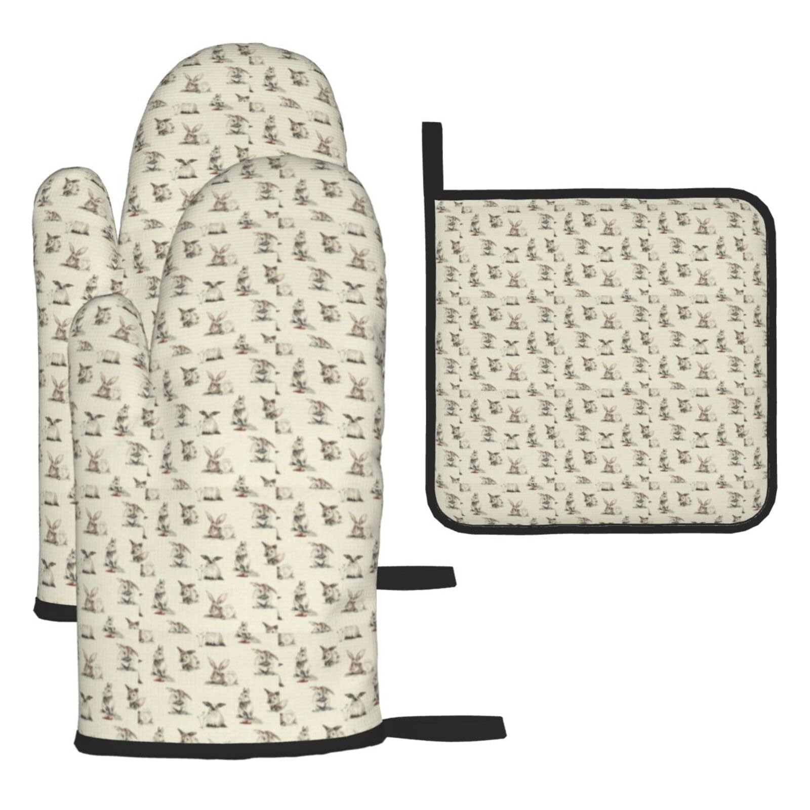 Rabbit Background Print Oven Set Kitchen Gloves Baking Grilling Microwaving Cooking Gift Everyday Holiday