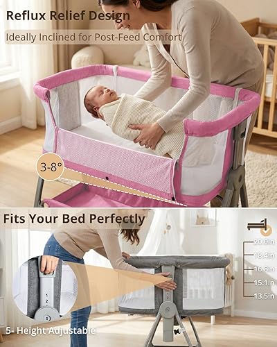 Miniatura 4 de Moisés para bebé, cuna mecedora 3 en 1 para bebé, moisés con ruedas, altura ajustable, almacenamiento, colchón y toldo (rosa)