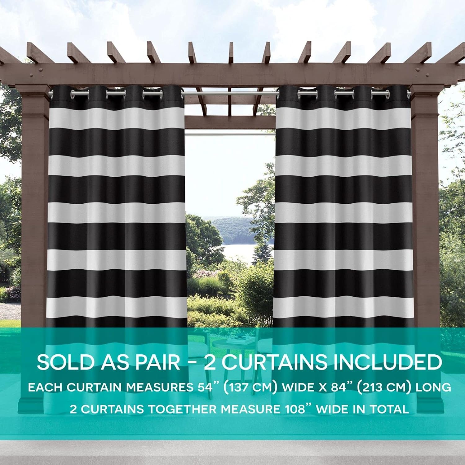 Exclusive Home Cabana Stripe Indoor/Outdoor Light Filtering Grommet Top Curtain Panel Pair, 54"x108", Black