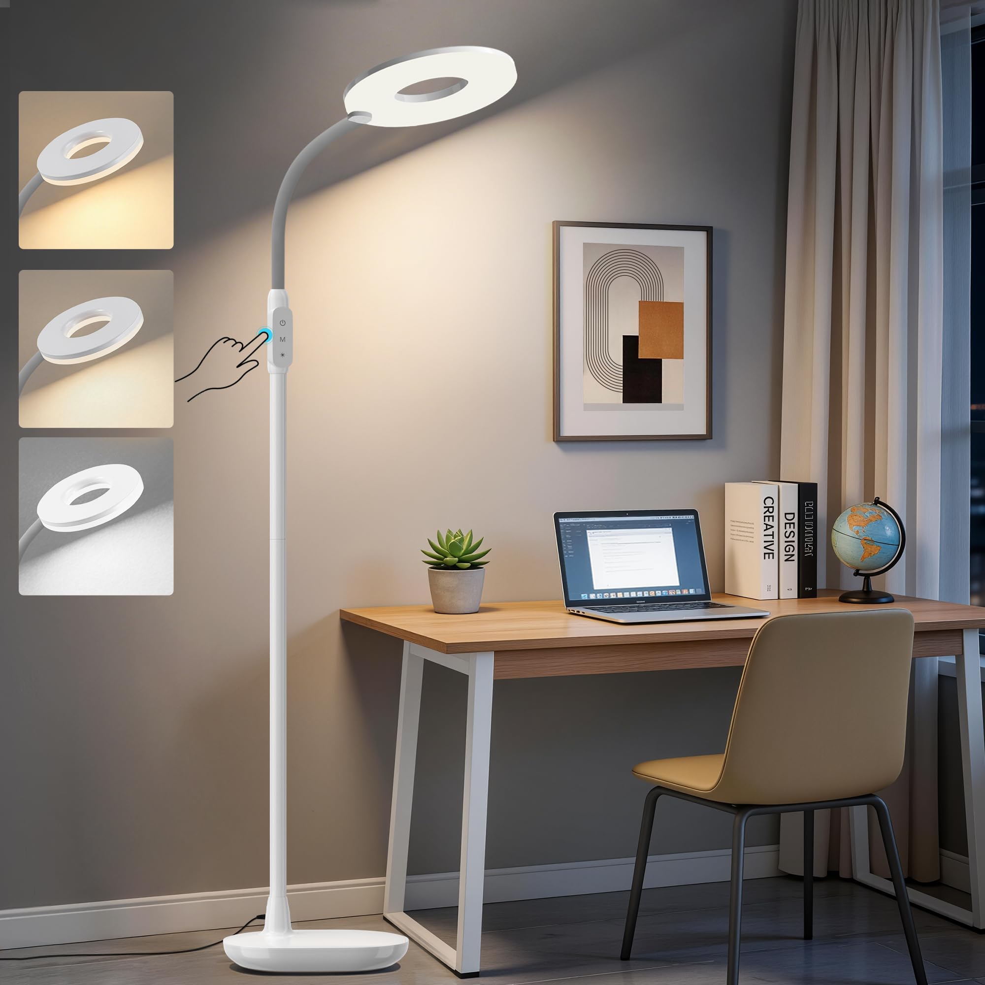 GyroVu Lampada da terra a LED, lampada da lettura da 176 cm per il soggiorno, intensità regolabile e temperatura di colore regolabile, lampada da terra con comando touch e braccio flessibile (Bianco)