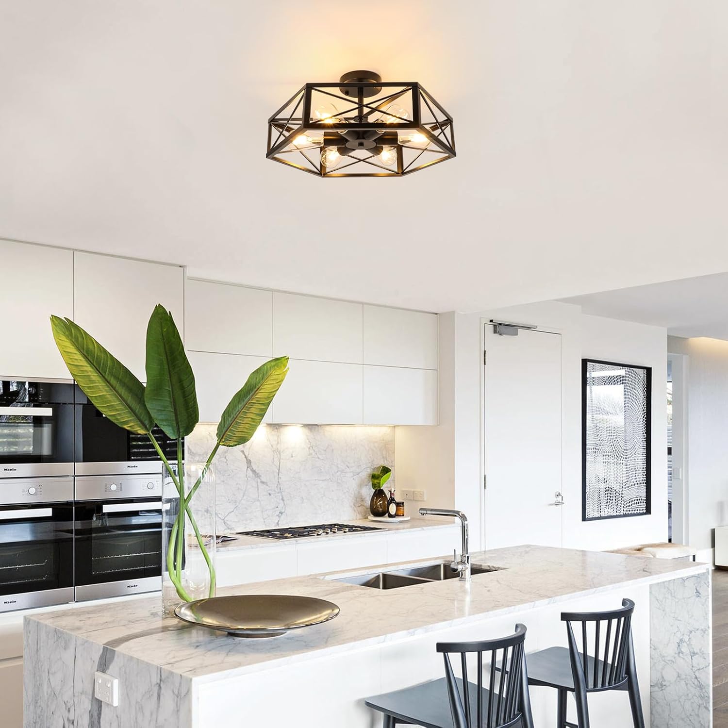 WILON Semi Flush Mount Ceiling Light, Industrial 6 Light Close to Ceiling Light Fixture, Black Dining Room Light Fixture Farmhouse Chandelier for Kitchen Hallway Bedroom Living Room(E26 Socket)