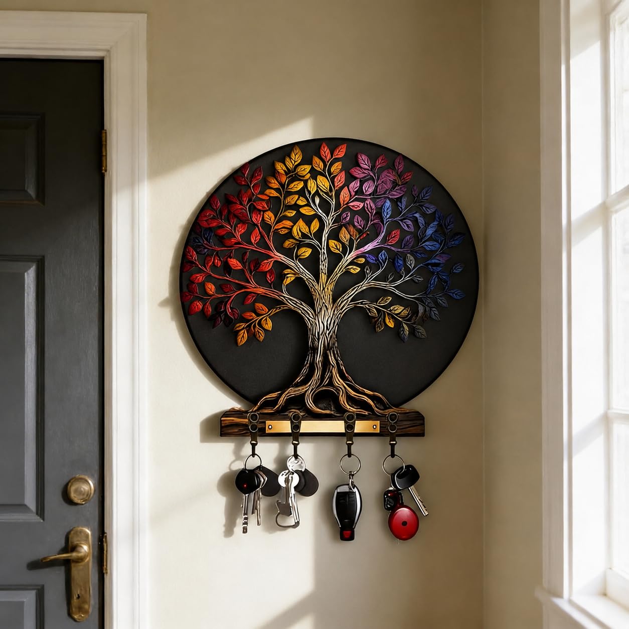 Handcrafted Tree of Life Wooden Key Holder for Wall | Multicolor Decorative Key Rack with 6 Hooks | Stylish MDF Key Organizer for Home Entrance, Living Room, Office & Housewarming Gift-image-32