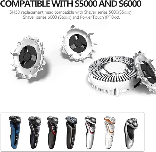 Miniatura 3 de Cabezal de repuesto compatible con SH50 para afeitadoras Norelco Series 5000, alta compatibilidad con modelos Philips S5000/S6000/S5100/S5500,