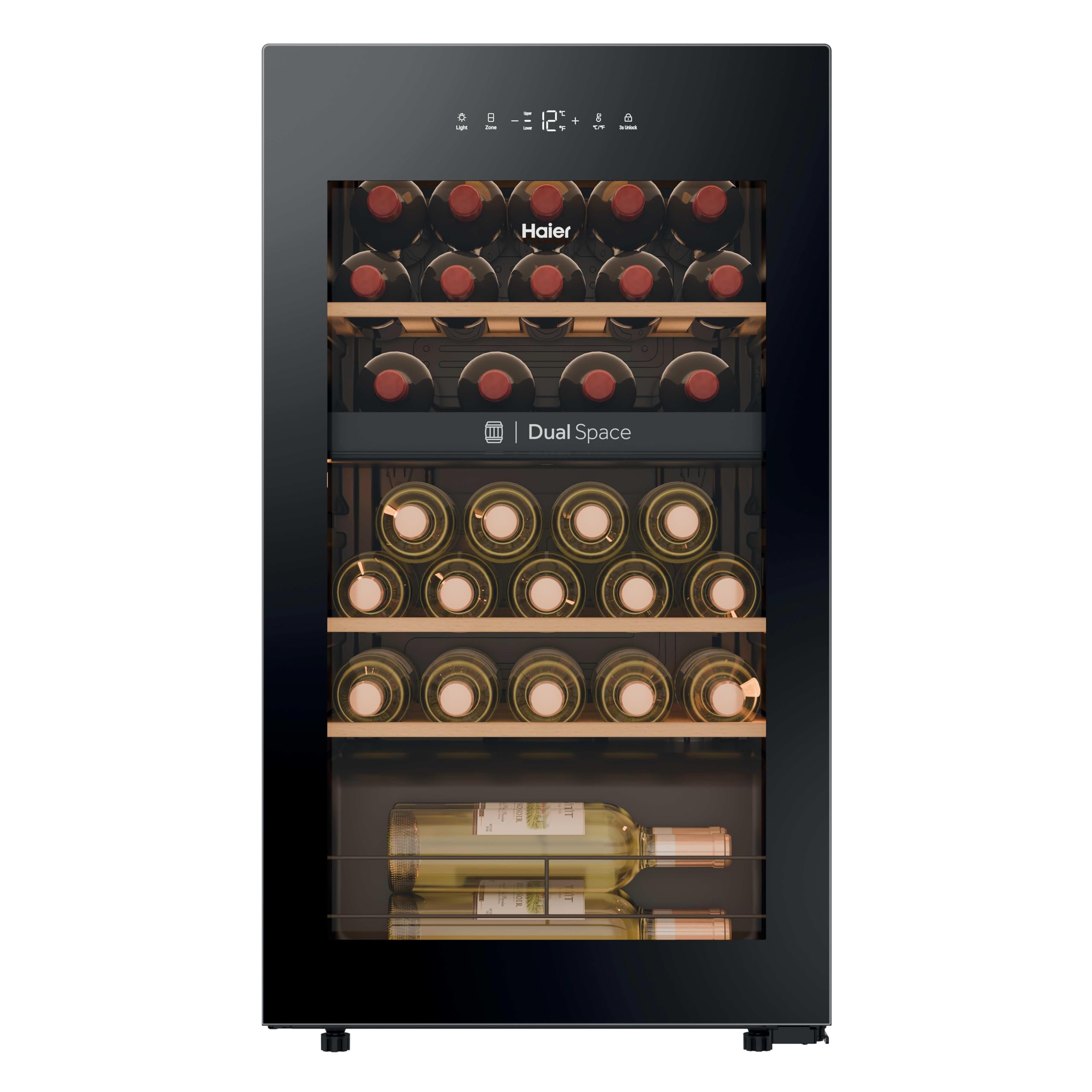 Haier Wine Bank 50 Series 5 HWS32GDG - Vetrina da 32 bottiglie, 2 zone indipendenti, ripiani in legno, filtro anti-UV, sistema anti-vibrazione, display digitale, illuminazione a LED, 37 dbA, nero